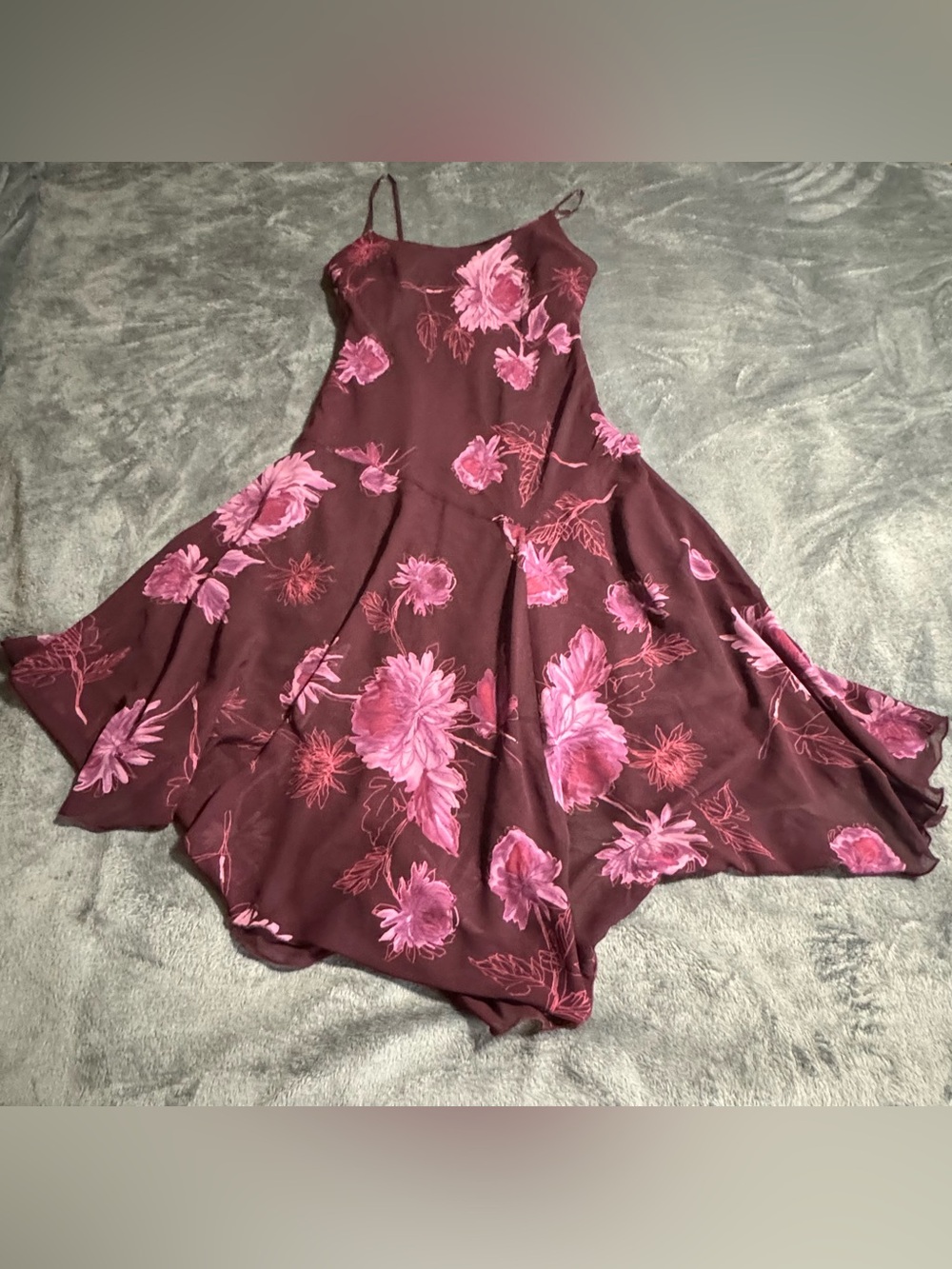 Jones Wear Burgundy Asymmetrical Floral Slip Dress with Pink Blooms